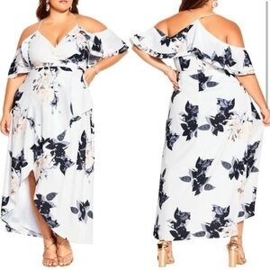 City Chic Plus Size White Delicate Floral Cold Shoulder Faux Wrap Dress